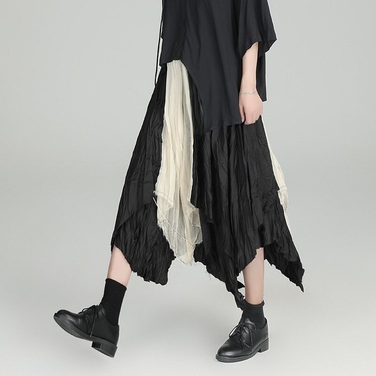 Chic Elastic Waist Wrinkled Contrast Color Irregular Patchwork Skirt 