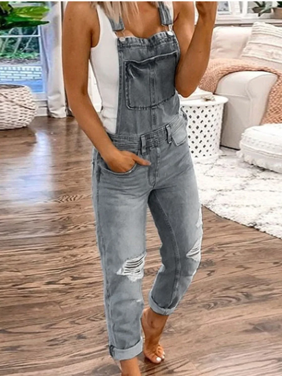 Worn Out Denim Jumpsuits with pockets