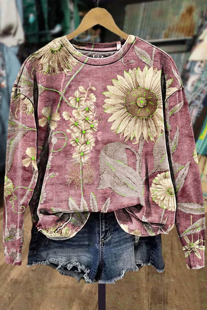 Women's Artistic Sunflower Pattern Crew Neck Sweatshirt