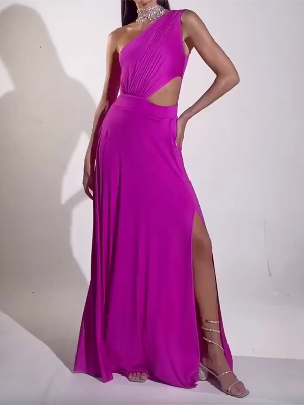 Asymmetric Hollow Solid Color Split-Side Sleeveless One-Shoulder Maxi Dresses