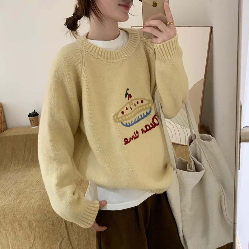 Churchf Knit Sweater Female Autumn Winter New Candy Color Round Collar Loose Joker Coat College Wind Sweater