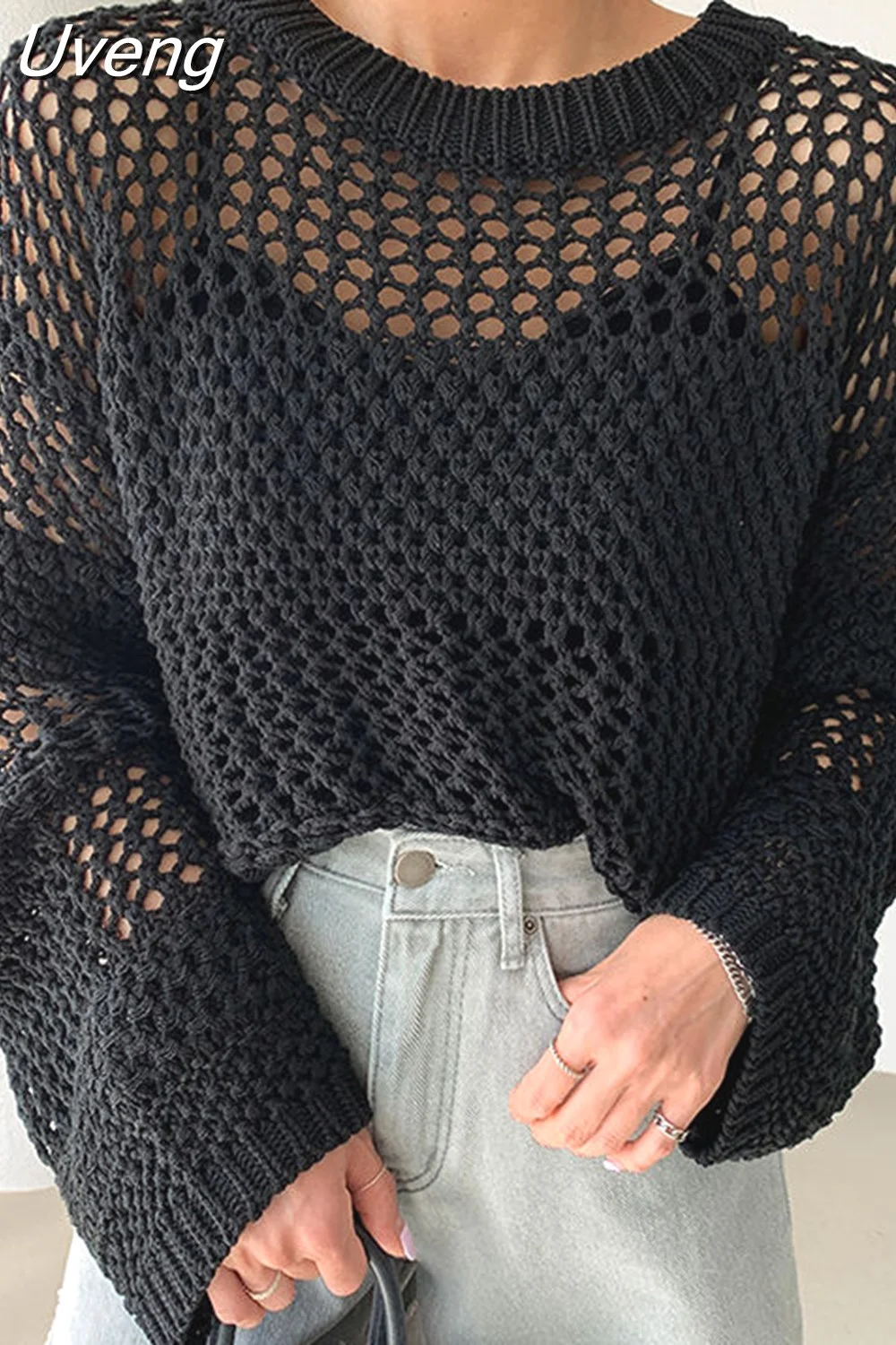 Uveng Harajuku Hollow Out Knit Pullovers Crewneck Autumn Vintage Fairycore Grunge Top Fashion Retro Smock Sweater