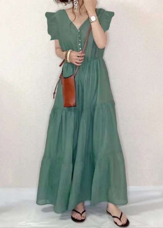 Vintage Green V Neck Patchwork Wrinkled Cotton Dresses Summer