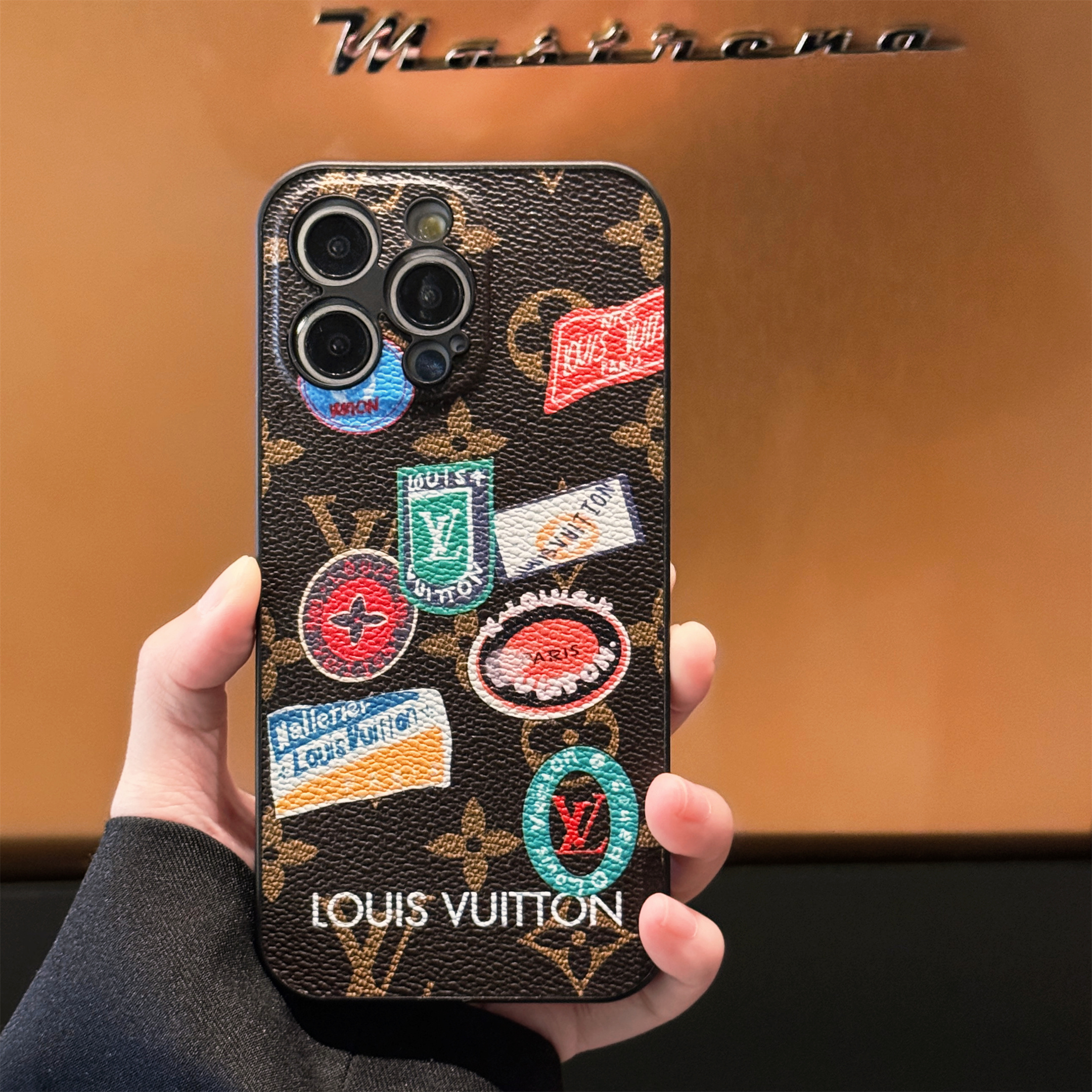 LV Monogram Canvas Fashion Label Printed Leather Apple iPhone Case