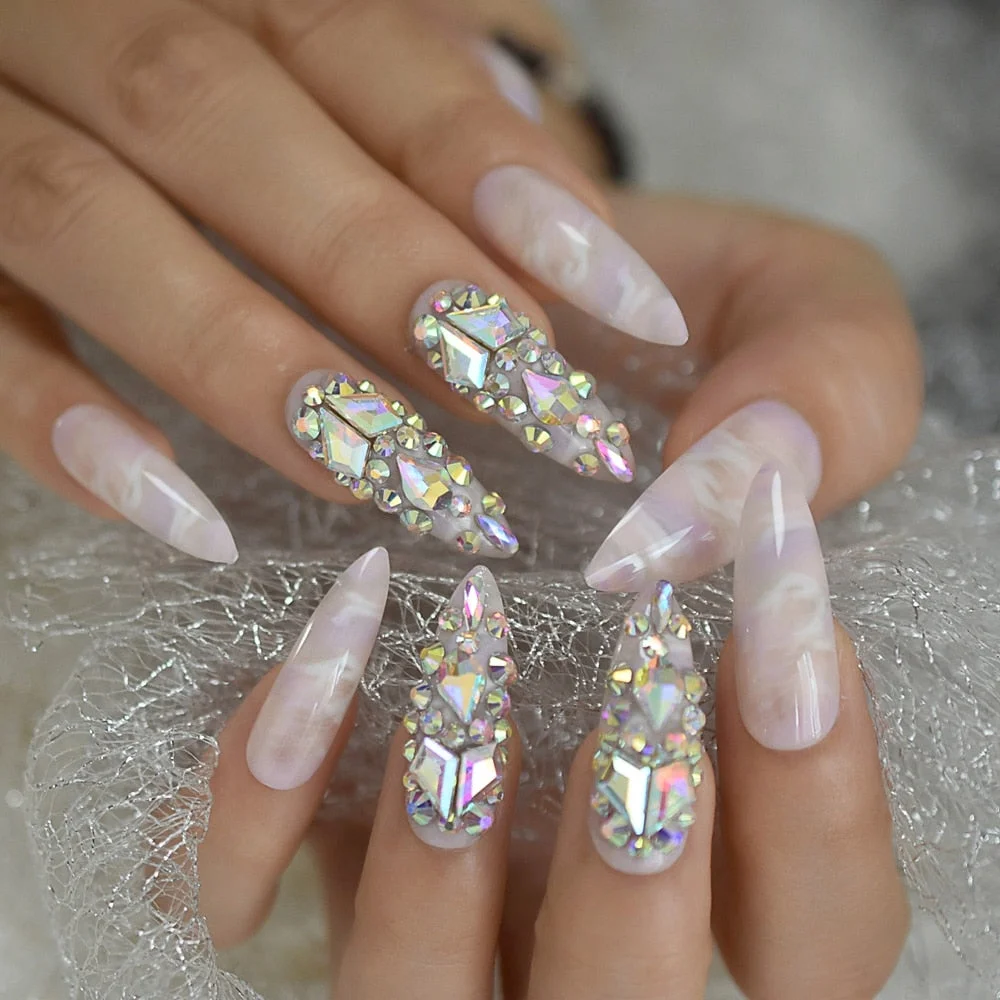 Luxury Fake Nails Designer Extra Long Ombre French Jewelry Pre-designed Nails Natural Stiletto AB Stones Decoration Tips-Nail Inspo