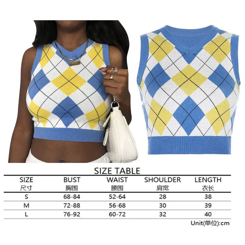 Argyle Sweater Vest Women  Black Sleeveless Plaid Knitted Crop Sweaters Casual Autumn Preppy Style 2020 tops V Neck Vintage