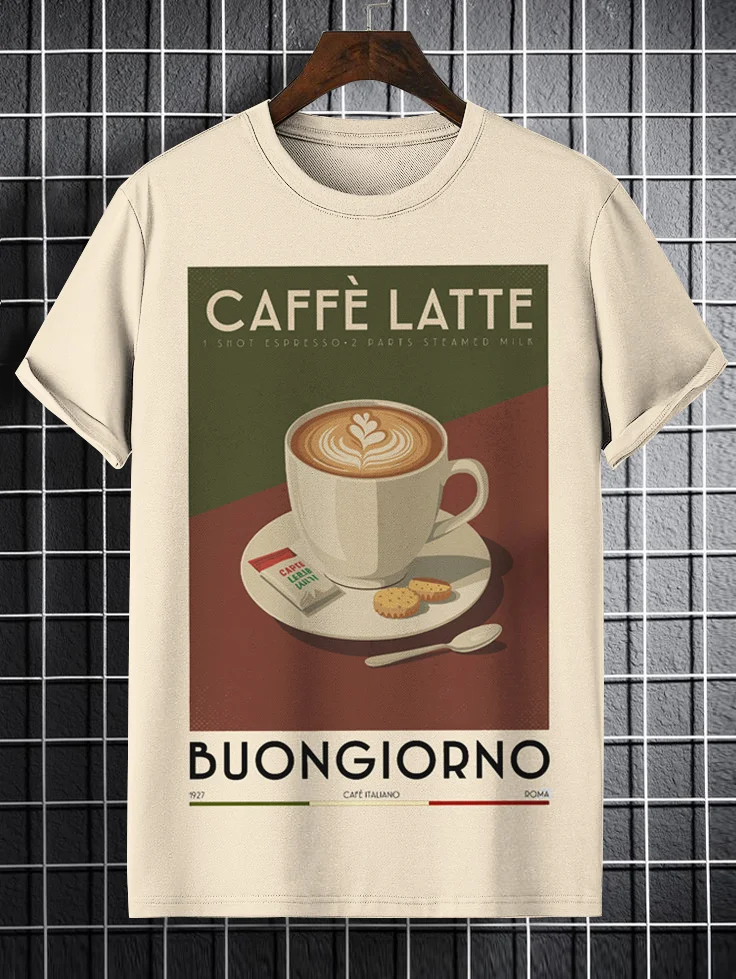 100% Cotton Men's Vintage Caffe Latte Buongiorno Print Casual T-Shirt