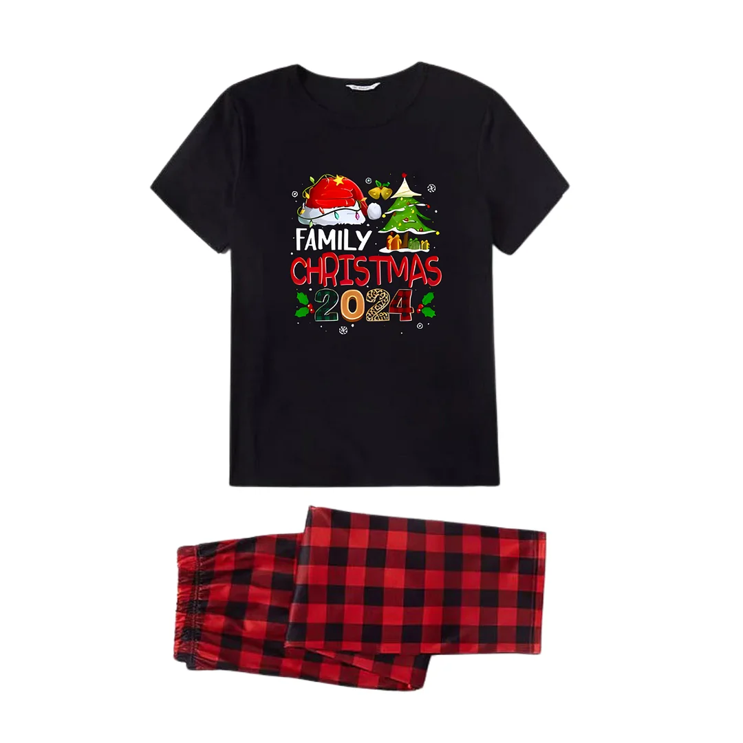 "Family Christmas 2024" with Santa Hat and Christmas Tree Pattern Black Short Sleeve with Red & Black Plaid Pant Family Matching Pajamas