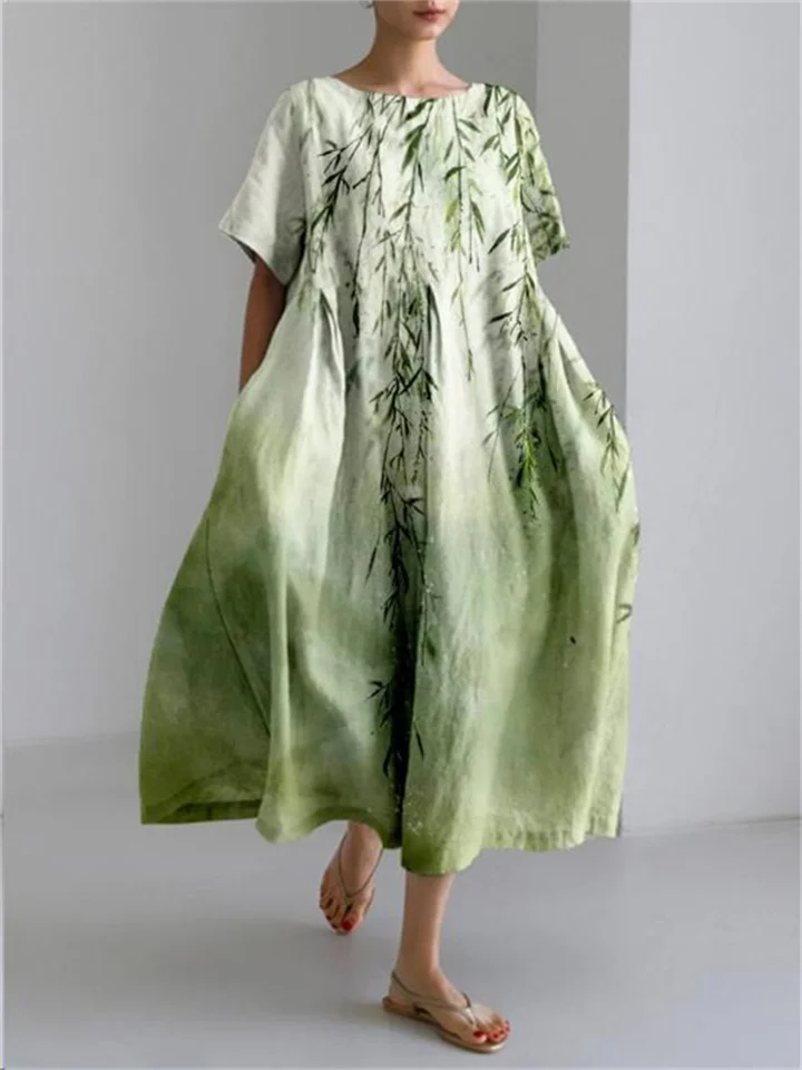 Women's New Round Neck Dress Printed Dress Loose Cotton A-line Skirt
