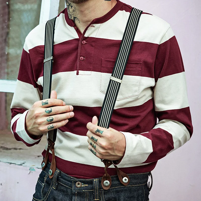 American Cotton Wide Stripe Henley Collar Prisoner T-Shirt