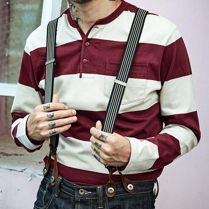 American Cotton Wide Stripe Henley Collar Prisoner T-Shirt