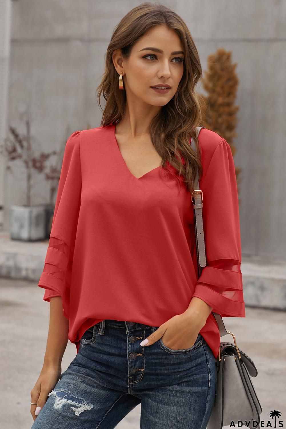 Red Flare Sleeve V Neck Loose Women's Chiffon Blouse