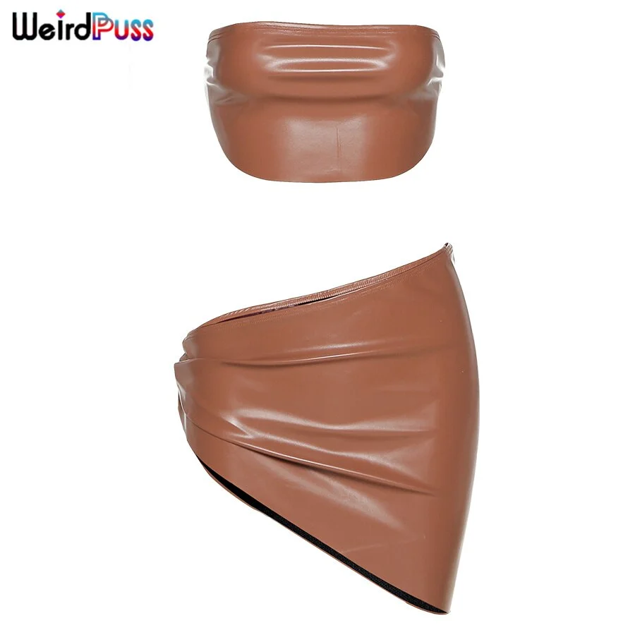 Weird Puss Women PU Leather Sexy Off Shoulder Y2K Two Piece Set Backless Crop Top+Asymmetry Skrit Matching Skinny Party Clubwear