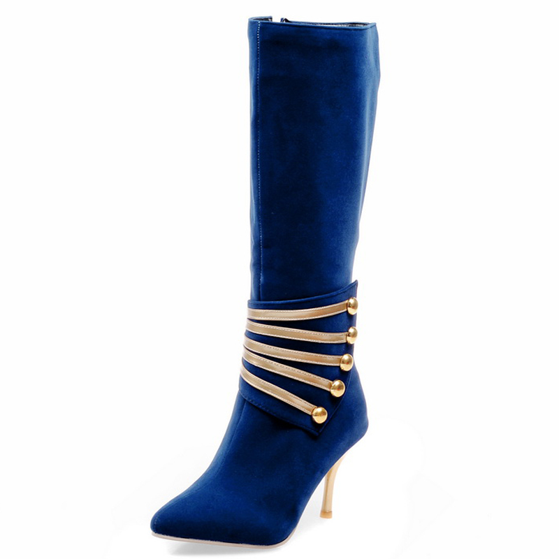 GOOSHOE Navy Golden Mid-Calf Stiletto Boots by