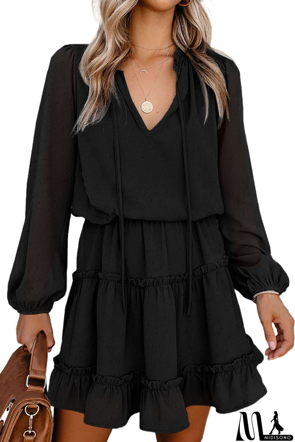 MidiSono - Swiss Dot Bubble Sleeve Ruffle Mini Dress