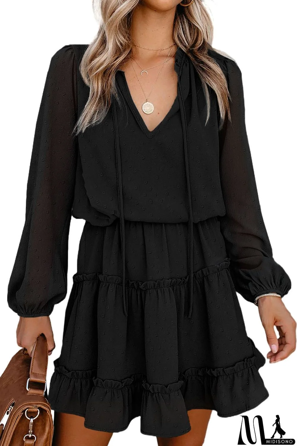 MidiSono - Swiss Dot Bubble Sleeve Ruffle Mini Dress