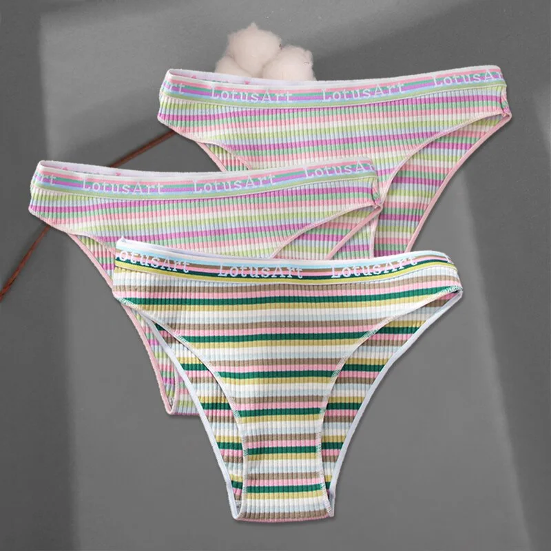 FINETOO 3Pcs/set Colorful Stripes Panties Women's Cotton Briefs M-XL Low-Rise Rainbow Underwear Ladies Underpants Girls Panties