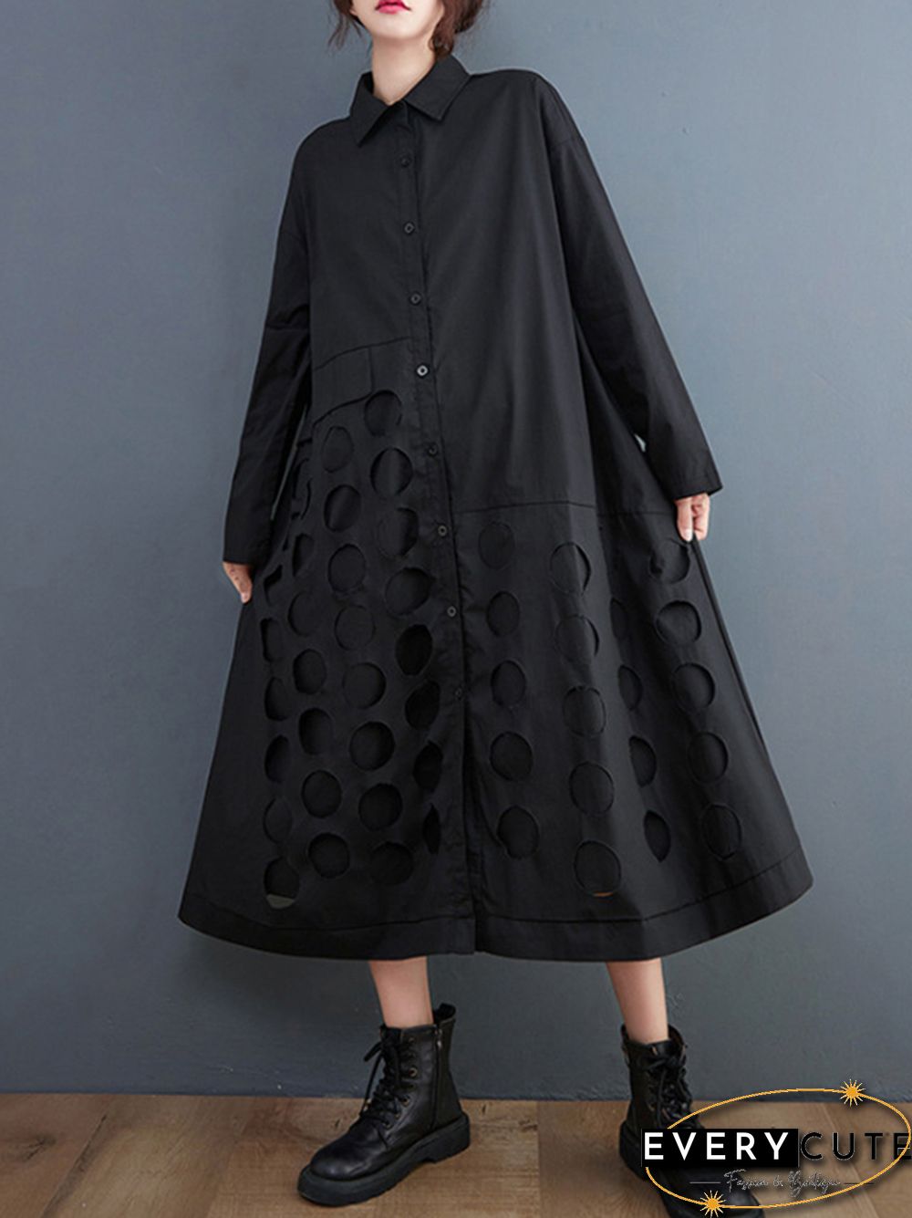 A-Line Long Sleeves Asymmetric Hollow Polka-Dot Solid Color Lapel Midi Dresses