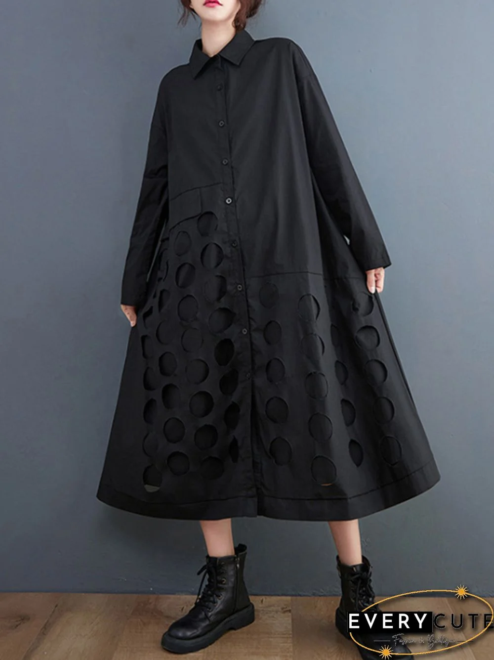A-Line Long Sleeves Asymmetric Hollow Polka-Dot Solid Color Lapel Midi Dresses