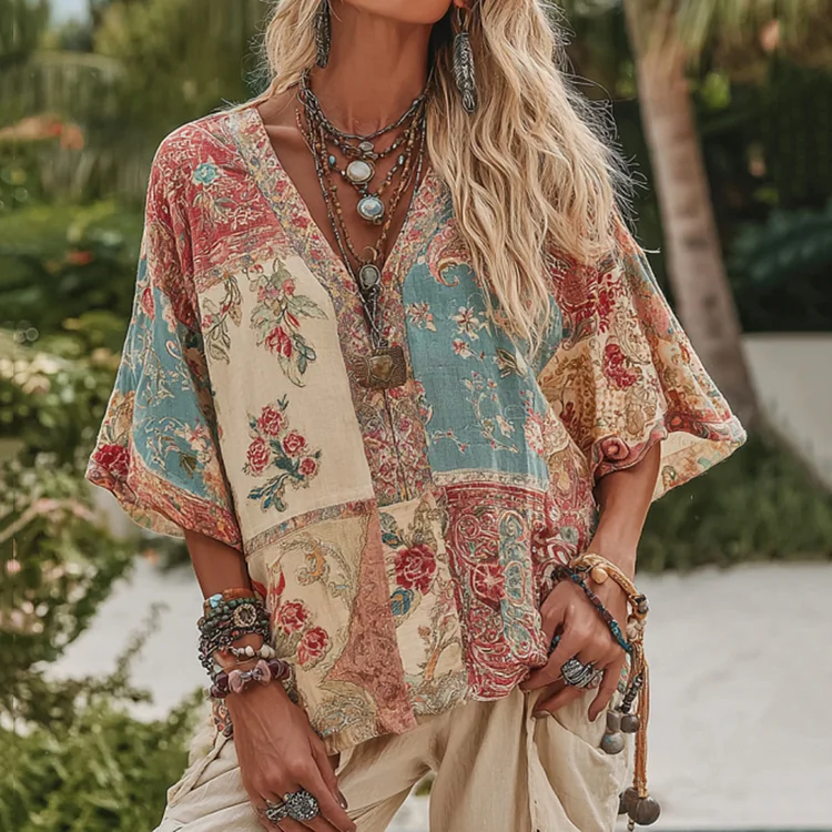 Simpfit Damen V-Ausschnitt Boho Floral Art Freizeithemd