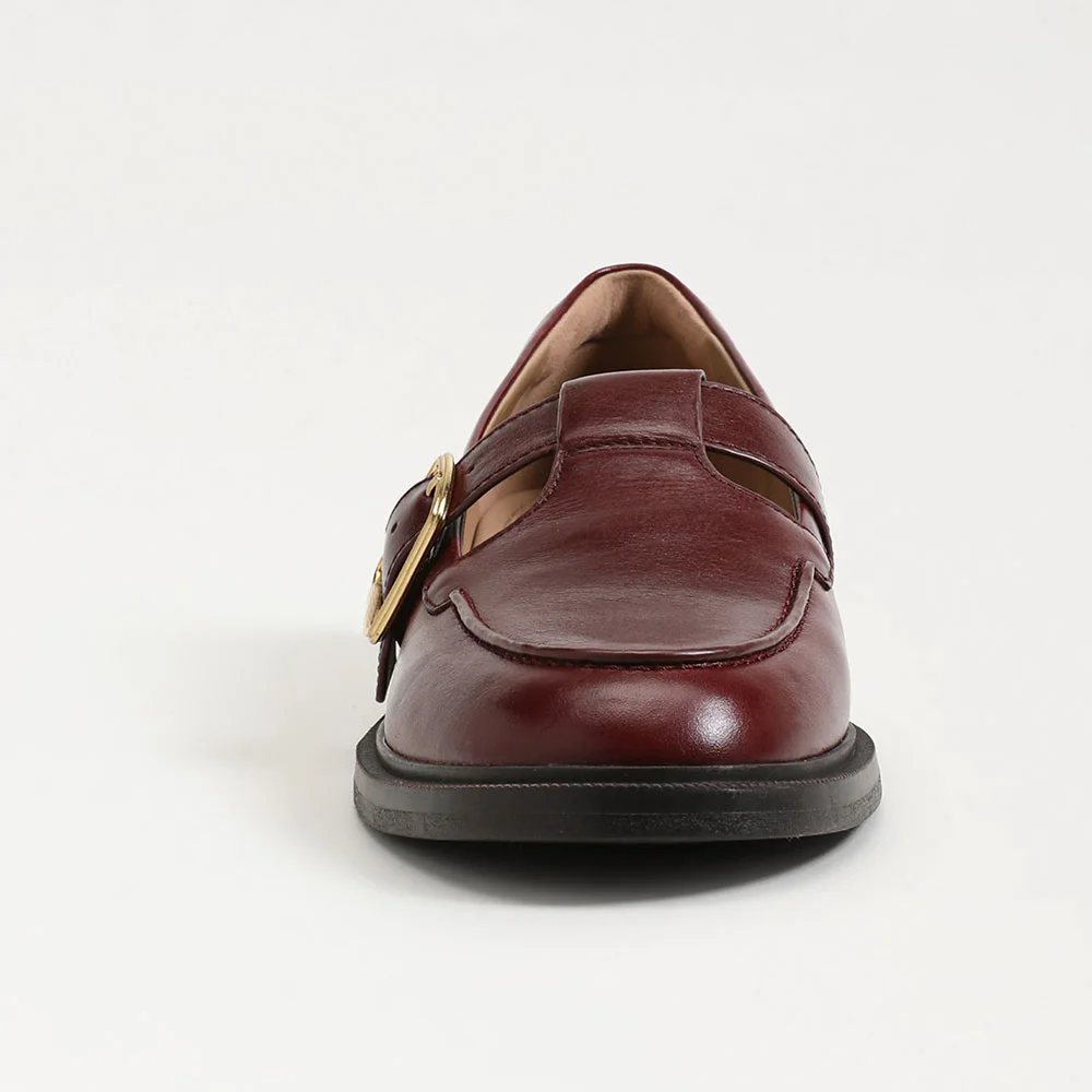 Maroon Slip-On T-Strap Round Toe Flat Mary Jane Shoes with Buckle
