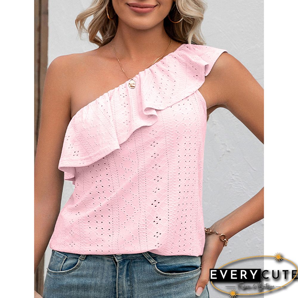 Pink Ruffled One Shoulder Tank Tops