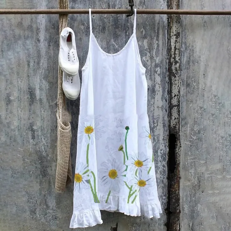 Casual Printed Cotton Linen Slip Midi Dress