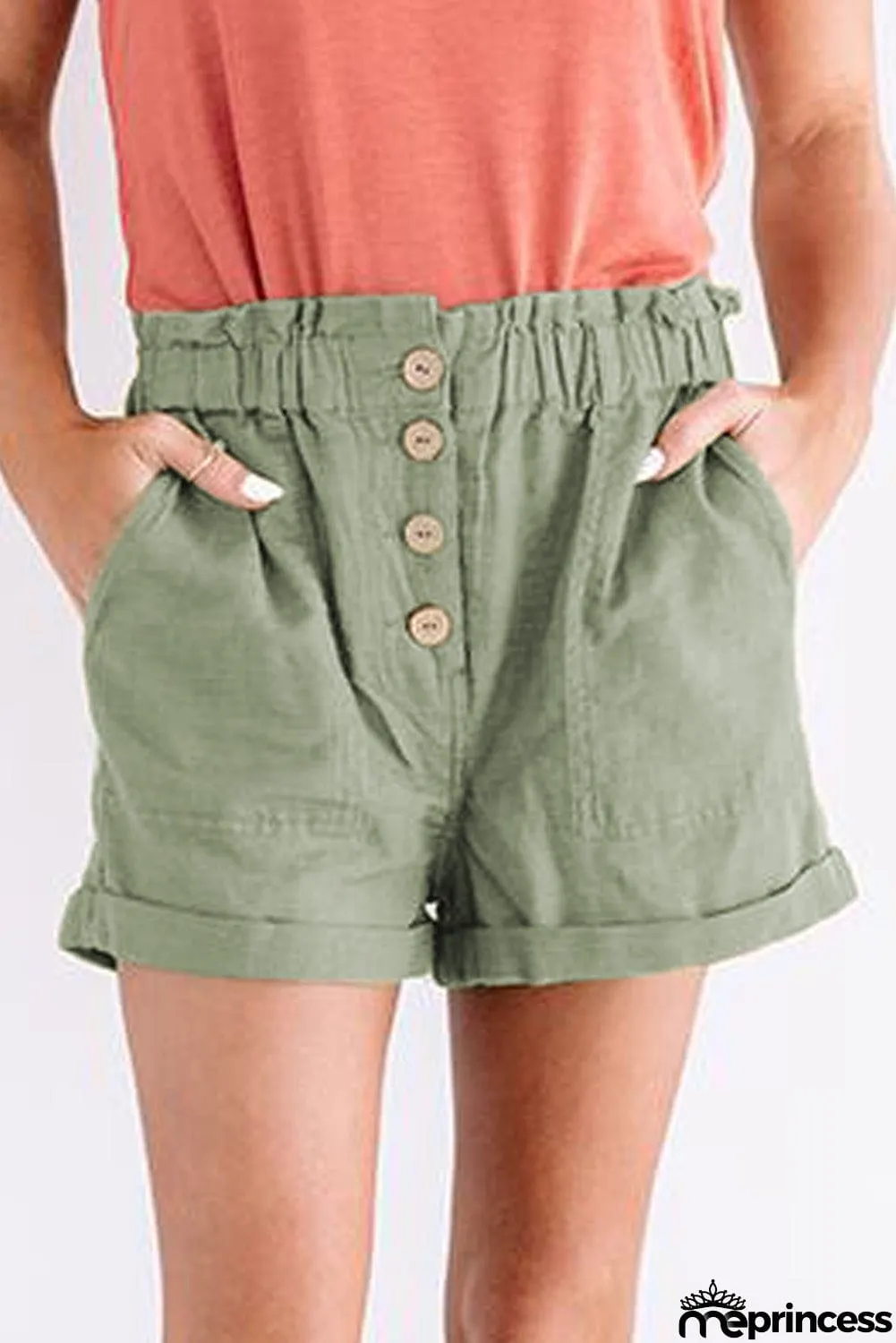 Khaki Cuffed High Waist Shorts