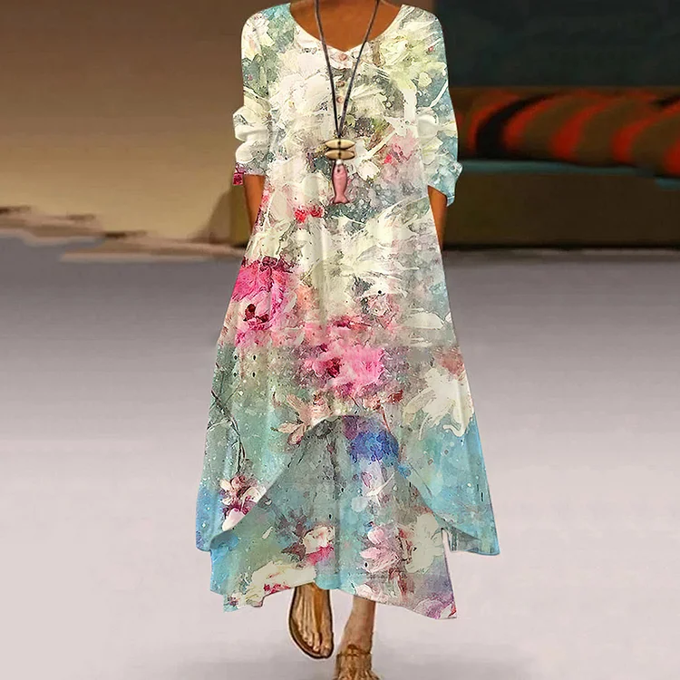 Casual Long Sleeve Oil Painting Print Midi Dress