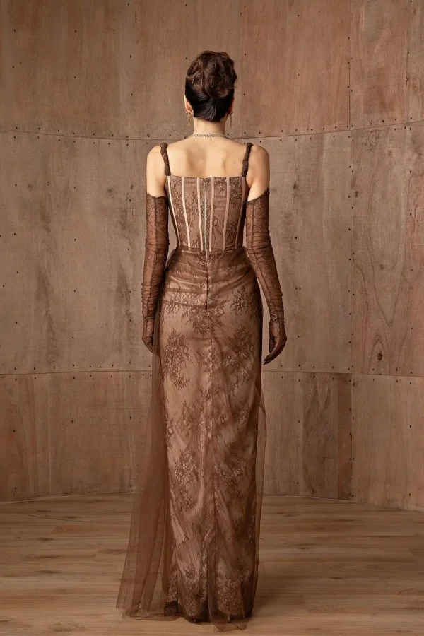 Lisliy Taupe Tulle Elegant Corset Embroidery Printing Prom Dress With Lace Gloves 