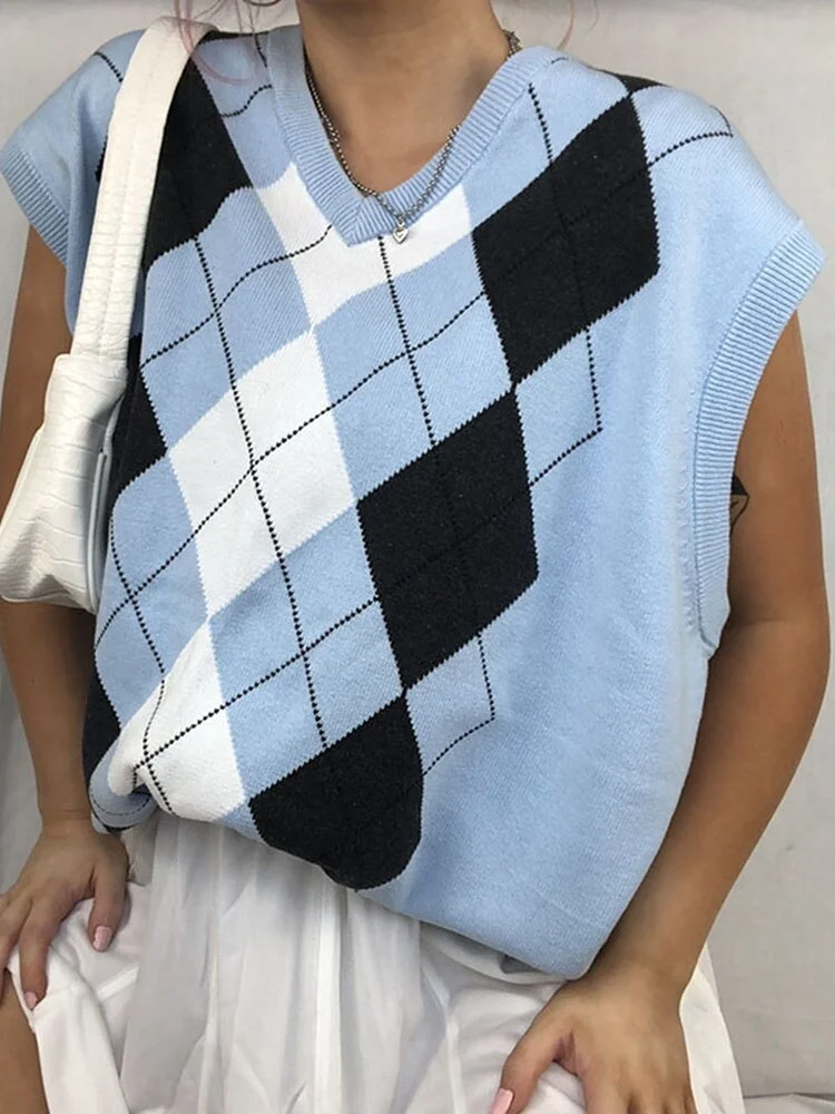 2020 E-girl Women Rhombus Sweater V Neck Sleeveless Vest Blue Preppy Style Knitted Vests Plaid Soft Crop Top Women