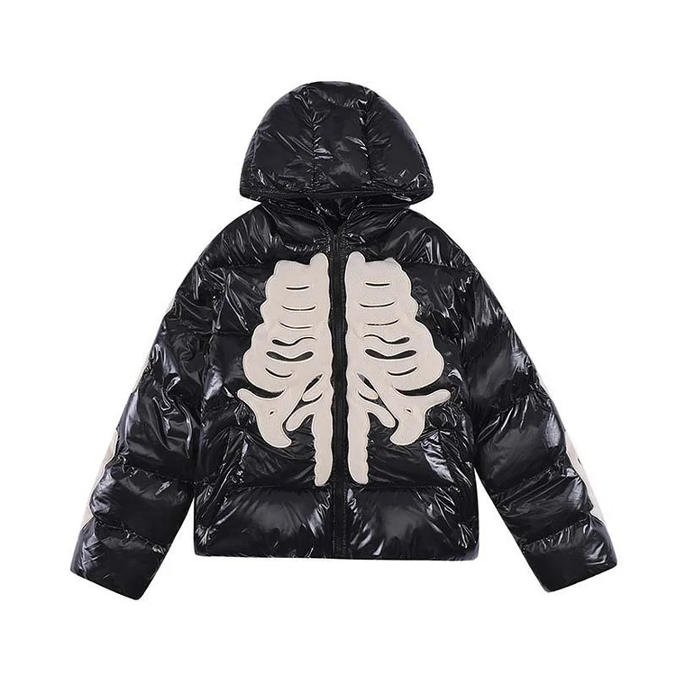 Street Retro Flocked Embroidered Skeleton Thickened Hooded Cotton Coat Winter Jacket at Hiphopee