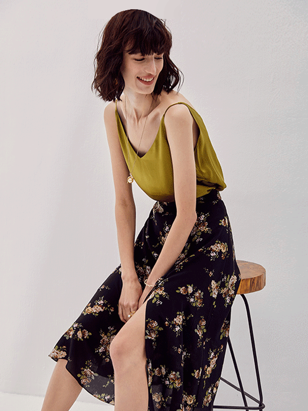 French Design Rose Print Silk Skirt