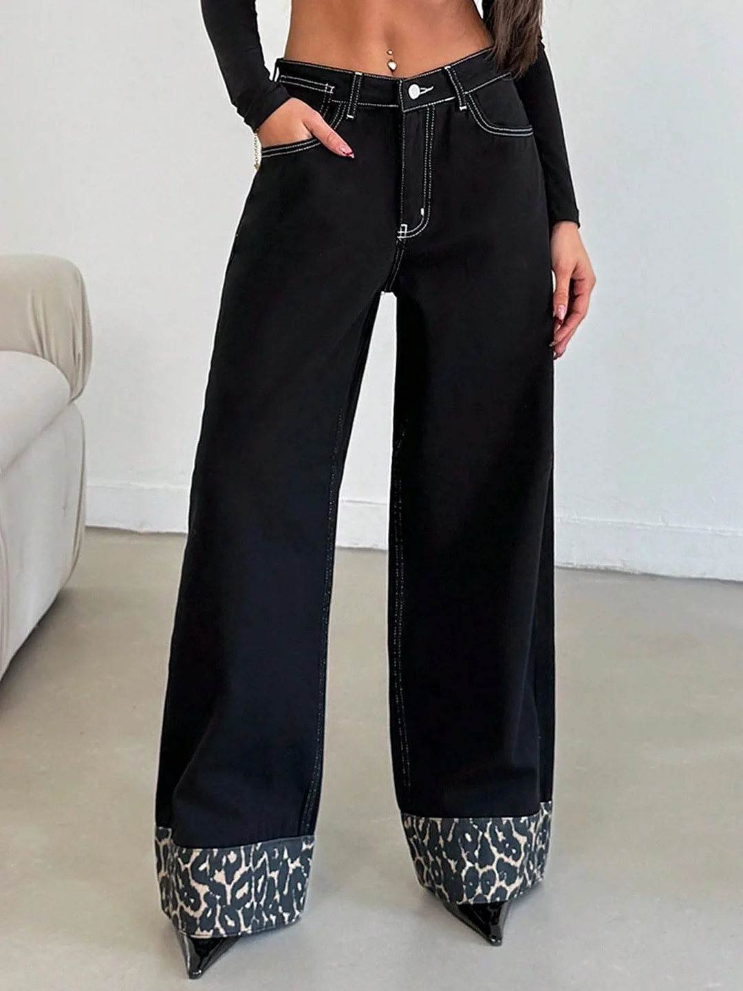 Athvotar Athvotar Straight Trousers Feet Spliced Leopard Trousers Babes Essential Personality Leopard Print Base Black High-Waisted Thin Jeans
