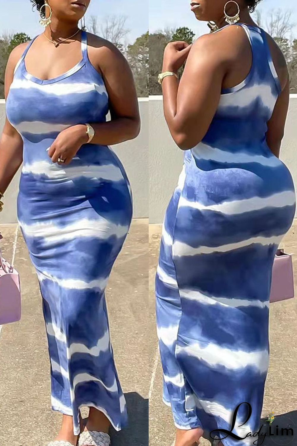 Coffee Fashion Print Backless Spaghetti Strap Long Dress