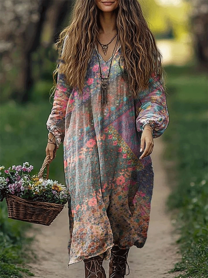 Women's Vintage Floral Patchwork Print Loose V Neck Pocket Cotton Dress