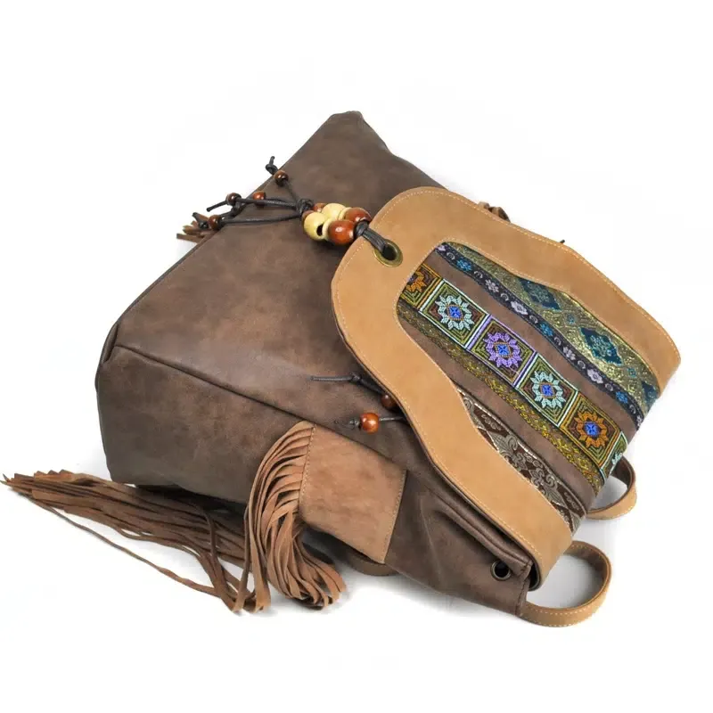 Embroidered Backpack, Women's Vintage Frosted PU Backpack, Ten Embroidered Tassel Travel Backpack