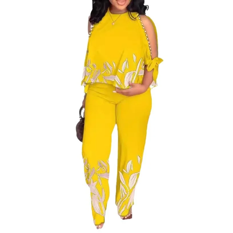 Wongn Wongn New Women's Round Neck Nail Bead, Rotator Sleeve T-Shirt And Trousers Positioning Print Suit