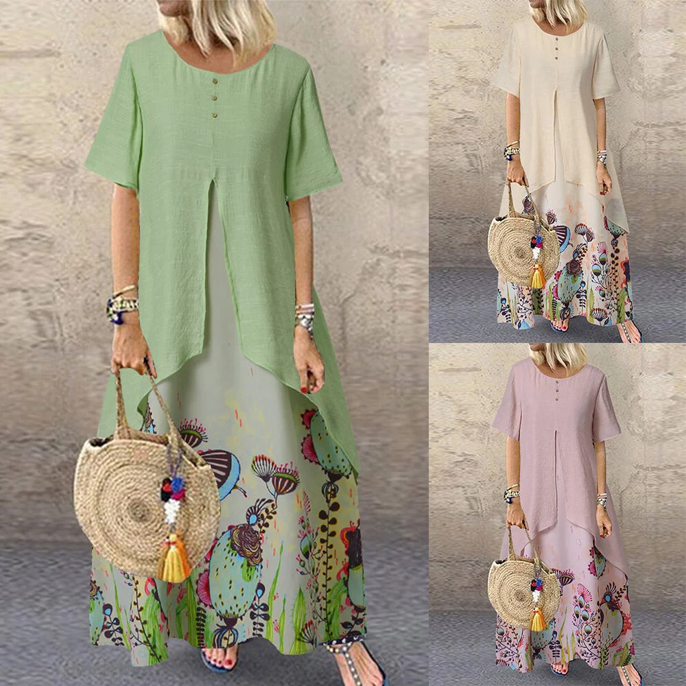 Floral Print For Women Vintage Fake Two Piece Dresses