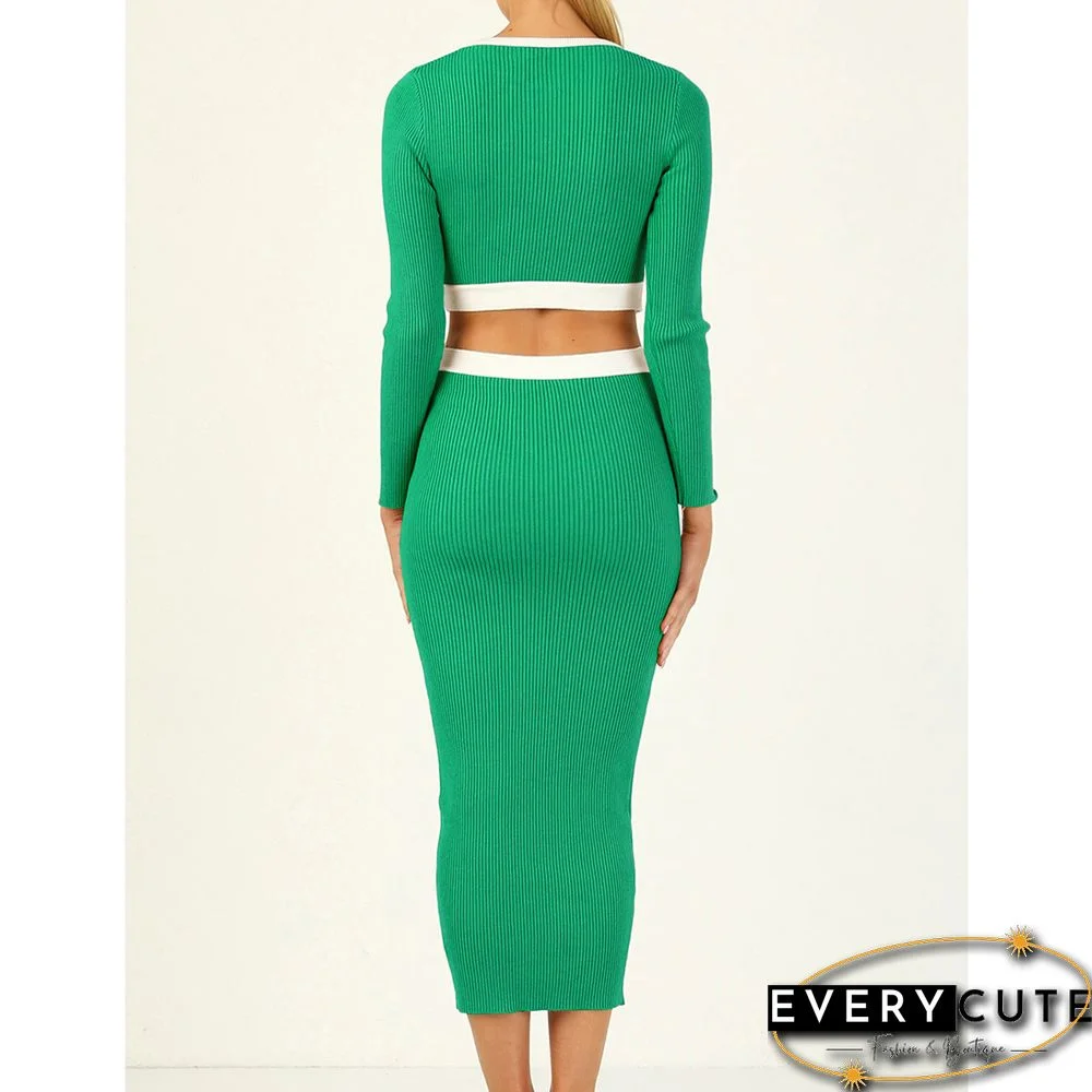 Green Ribbed Cut-out Long Sleeve Bodycon Dress
