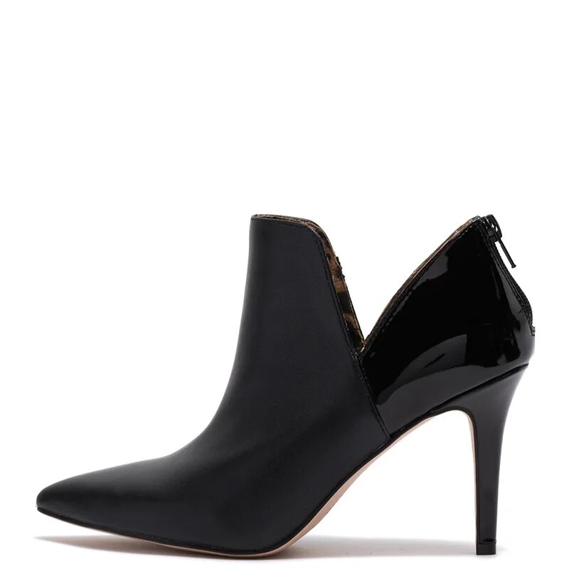 TAAFO Black Leopard Patchwork Ankle Boots High Stiletto Heels Woman Pointed Toe Booties Ladies Shoes