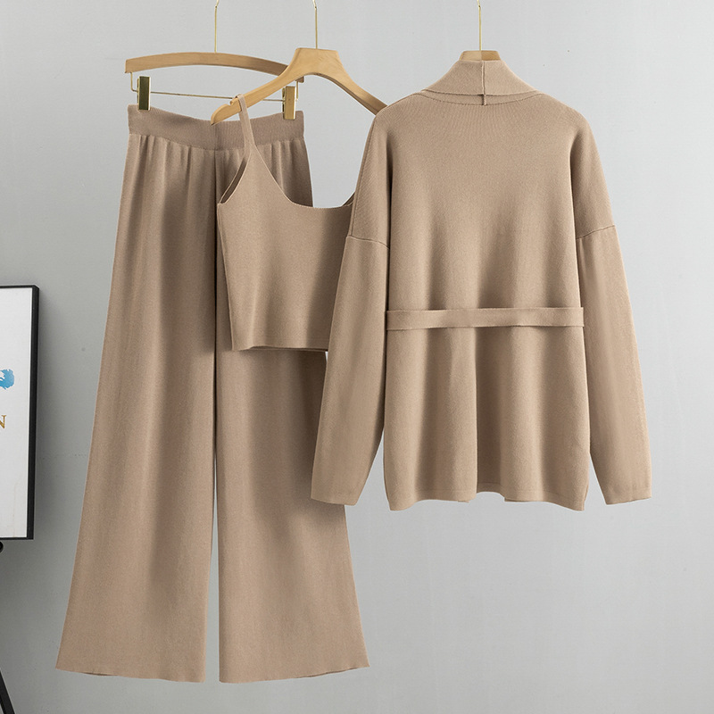 Ootddress Autumn Knit 3 Piece-Set For Women Outfits Lace-Up Vest Outwear Wide Leg Trousers Outfits Casual Solid Pleated Ladies Sets