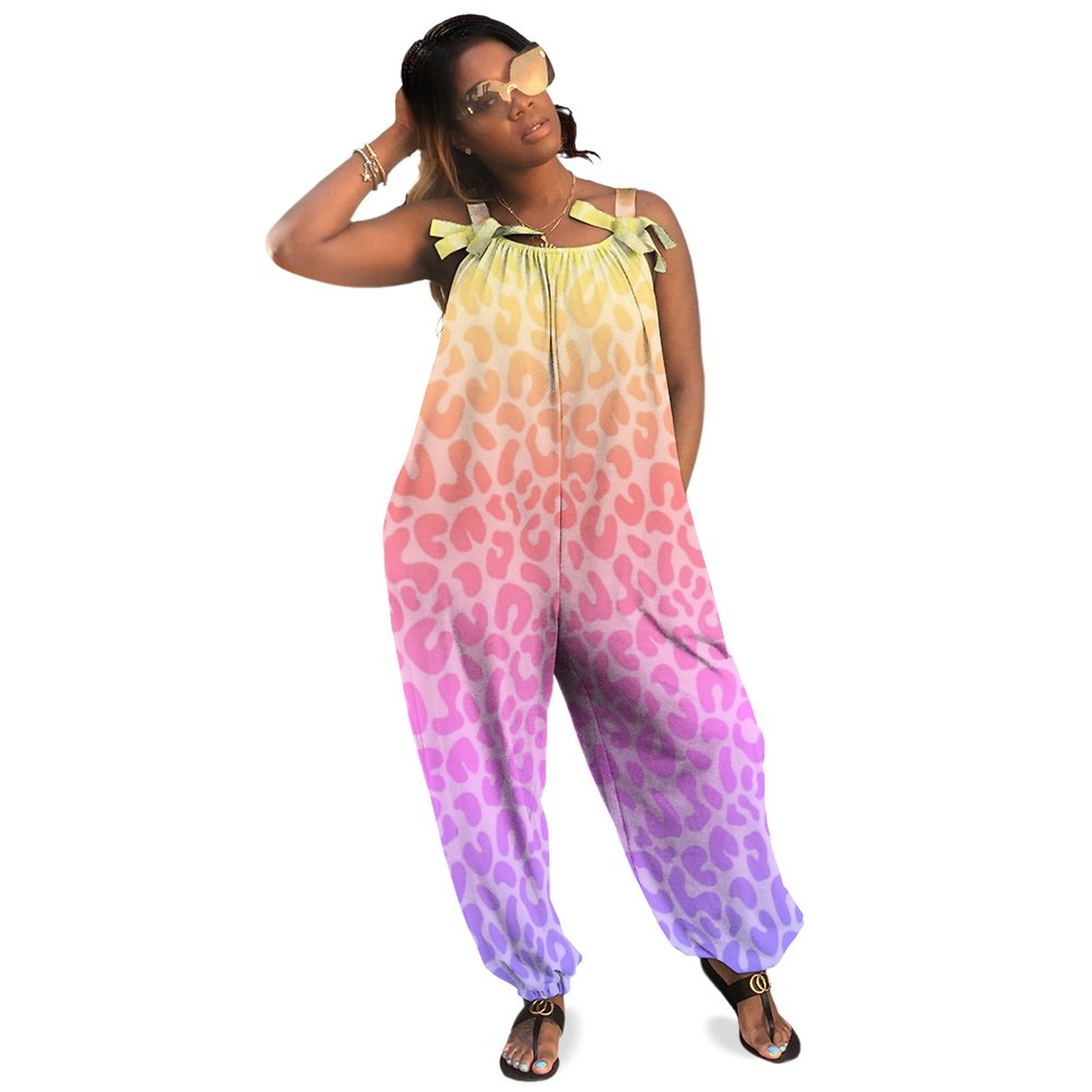 Ombre Gradient Pink Cheetah Leopard Animal Print Boho Vintage Loose Overall Corset Jumpsuit Without Top