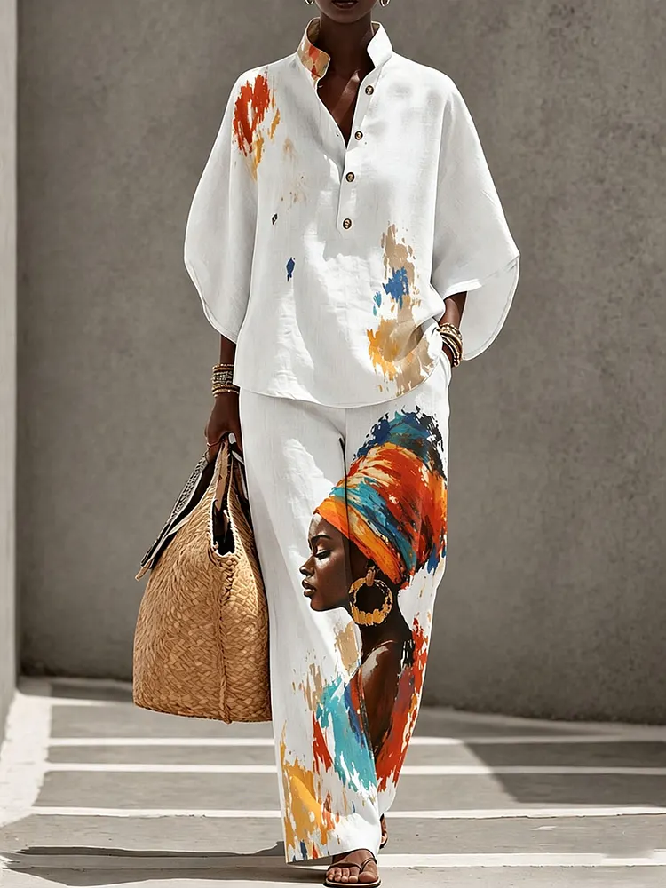 Women&rsquo;s Colorful Painted Figure Pattern Creative Print Two-Piece Set