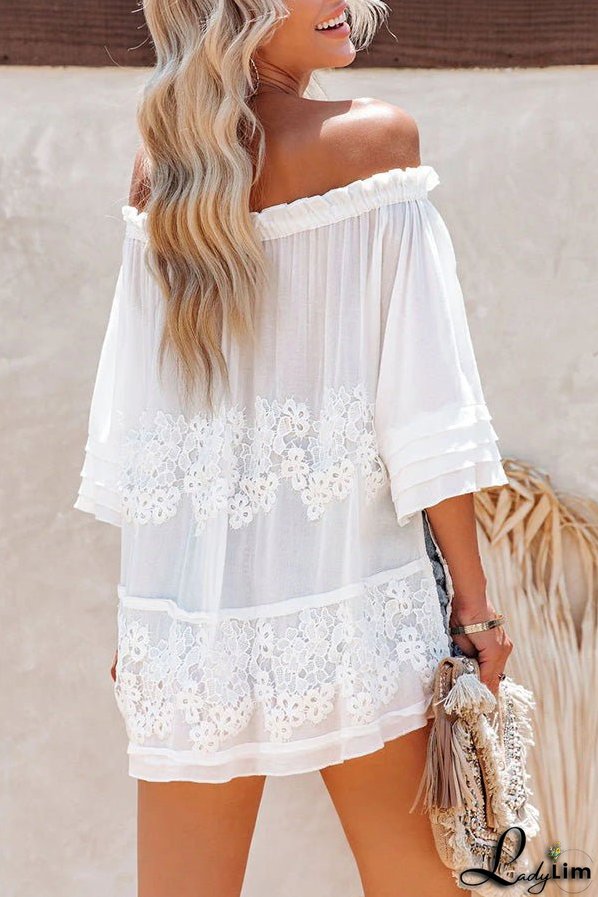 Off The Shoulder Flare Sleeve Crochet Tunic