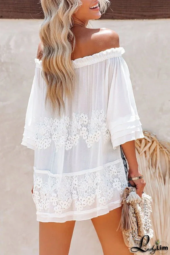 Off The Shoulder Flare Sleeve Crochet Tunic