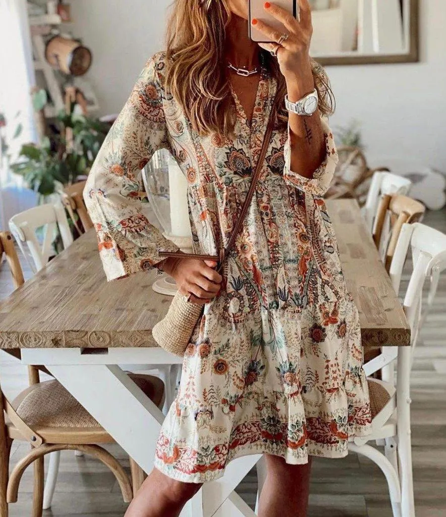 Retro Print V-Neck Long Sleeve Mini Dress-vocosishoes