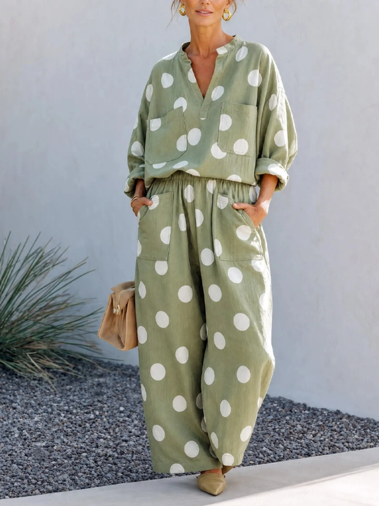 Women V Neck Long Sleeve Top Elastic Waist Wide Leg Pants Set