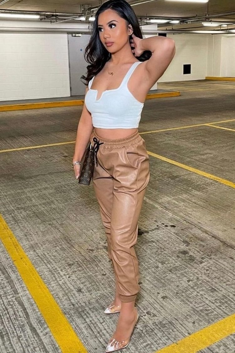 Brown Faux Leather Joggers| Leather 
