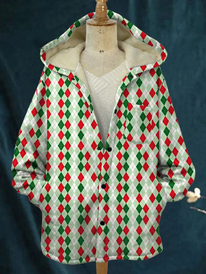 Christmas  Print Waffle Plush Thick Long-Sleeved Hooded Coat